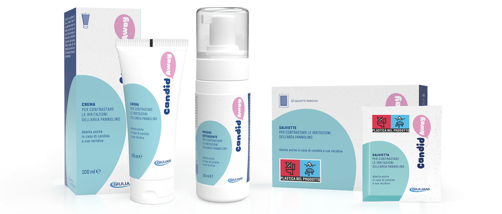 Linea di prodotti Candidaway per bambini con packaging